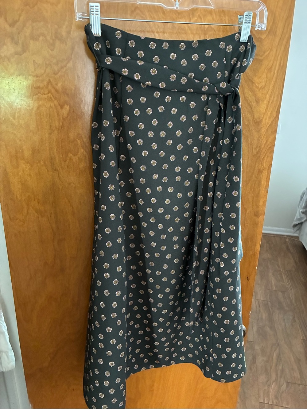 LOFT Black Floral Print Midi Skirt with Waist Tie